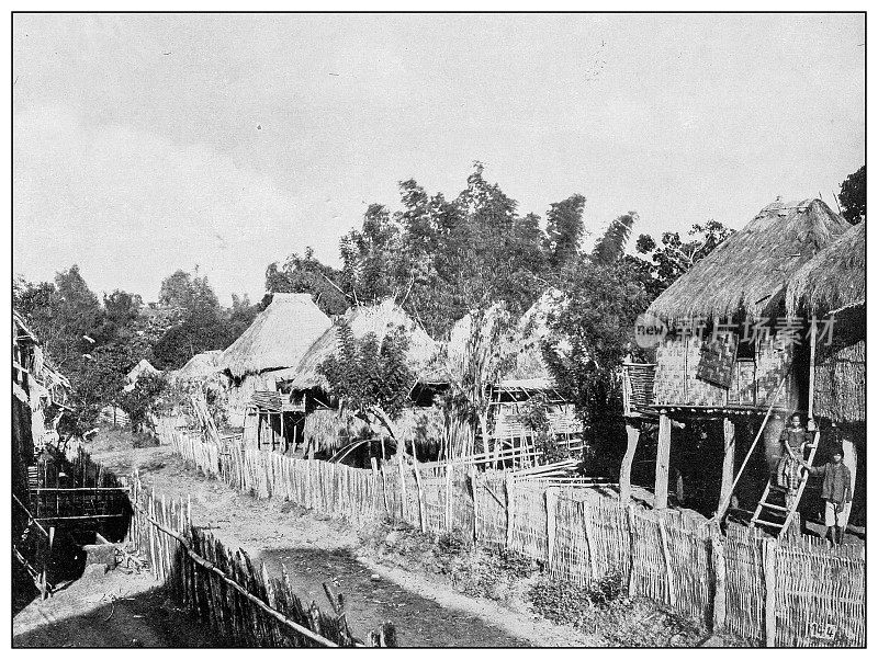 古董黑白照片:菲律宾村庄，Nueva Icija，吕宋，菲律宾